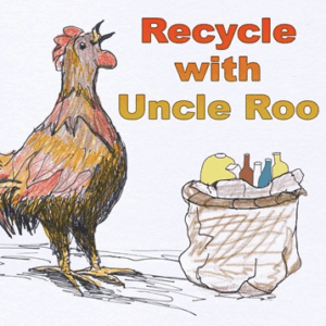 Book cover showing a rooster next to a pile of recyclables