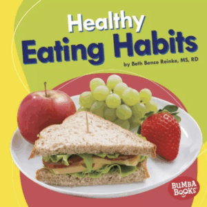 Book cover showing a plate with sandwich, apple, grapes and strawberry.