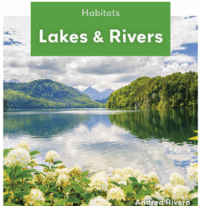 Book cover showing a lake surrounded by trees, mountains and white flowers
