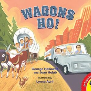 Book cover showing a family in a car next to a family in a covered wagon
