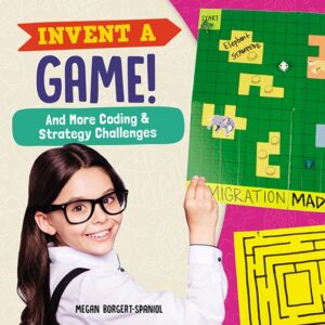 Book cover showing a kid holding a game piece surrounded by a puzzle and a maze