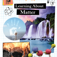 Book cover showing a waterfall, a fire and atoms