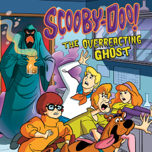 Book cover showing the Scooby Doo crew running away from a ghost holding a beaker that is smoking
