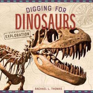 Book cover showing a trex fossil skeleton