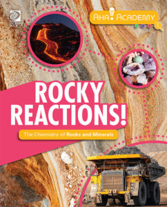 Book cover with pictures of lava, gems and large construction equipment