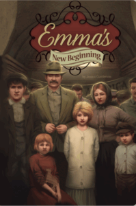 Book cover with an illustration of an immigrant family