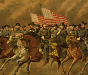 A painting of Ulysses Grant leading troops in battle