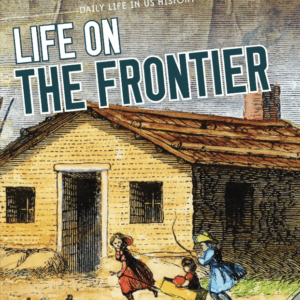 Book cover with an illustration of a log cabin and people playing in front