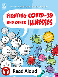Book cover with a cartoon of white blood cells fighting viruses