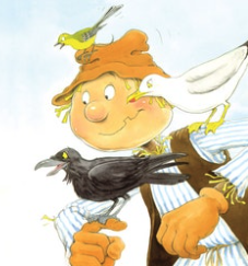Trek the scarecrow with a birds on his shoulders