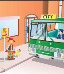 Cartoon of a scarecrow and cat waiting for a bus