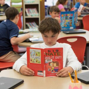 A student sits at a table in the library reading a book.