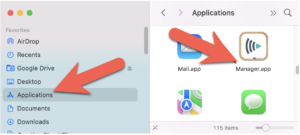 Screenshot shows the Manager app in the Application folder of a Mac.