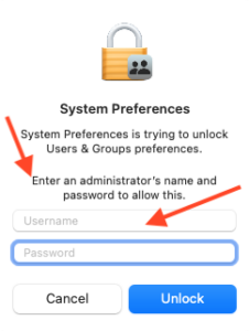 screenshot of mac OS system preferences requiring an administrator password