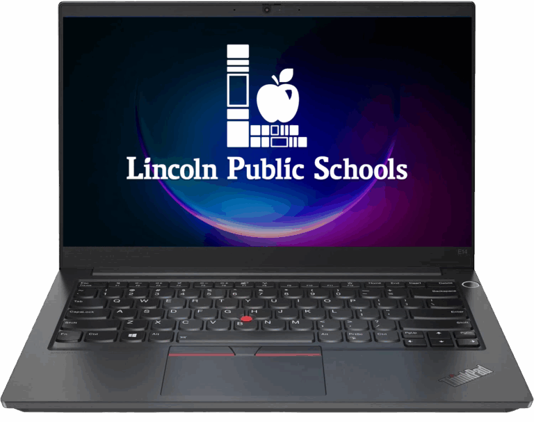 A Windows laptop with a Lincoln Public Schools logo on the screen.