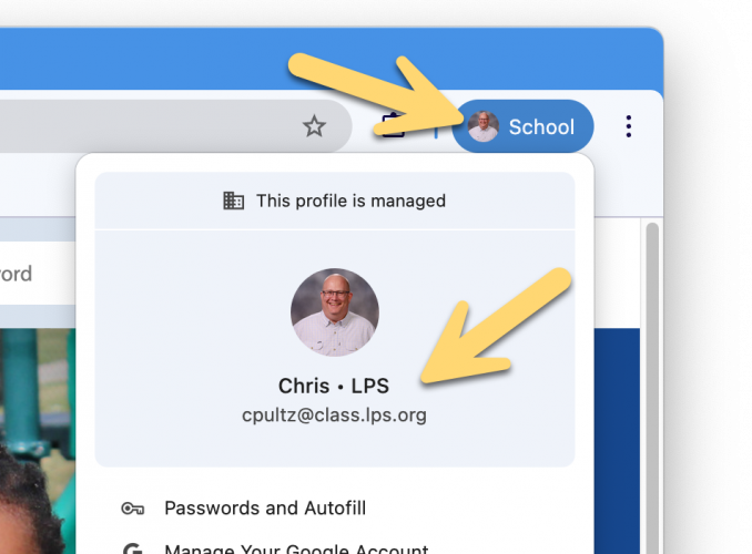 Screenshot of the Chrome Profile properly syncing with LPS.