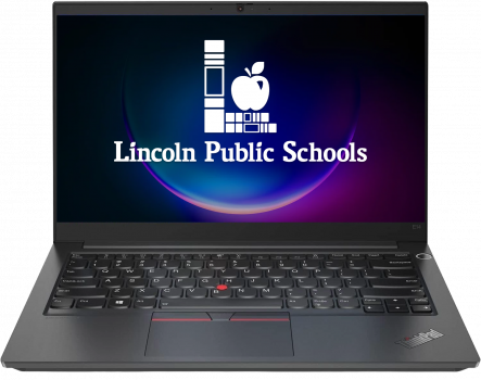 A Windows laptop with a Lincoln Public Schools logo on the screen.
