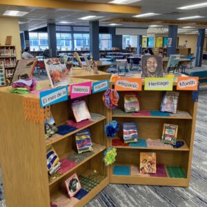 In library display of books on a shelf for Hispanic Heritage month