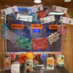 Hispanic heritage display of books and signs