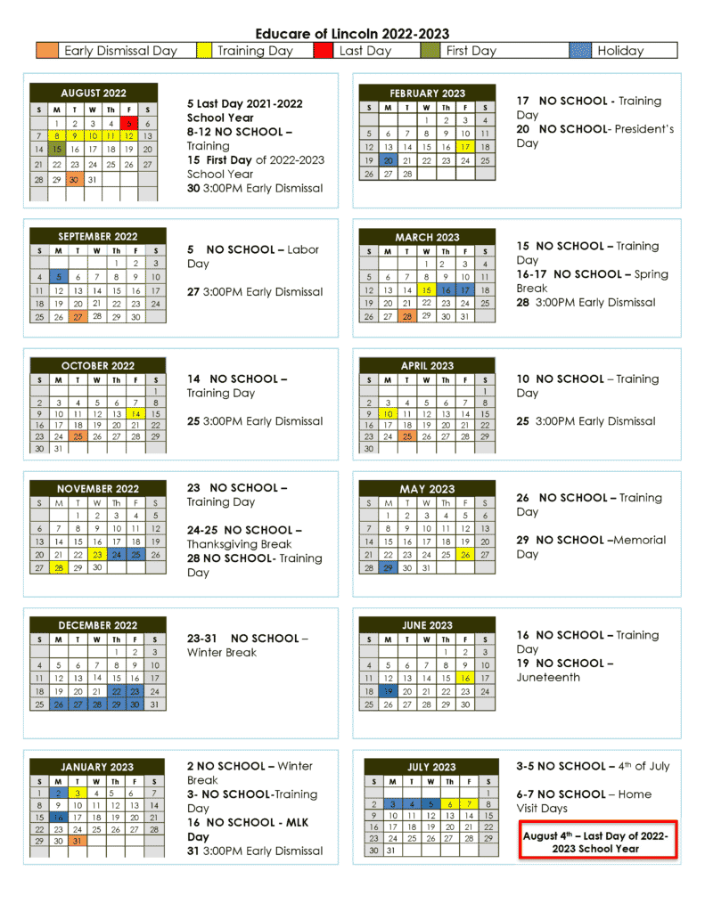 2022–2023 Family Calendar – Educare Lincoln