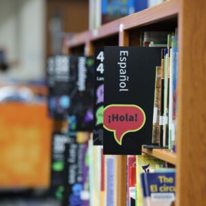 Books on a shelf in the library.