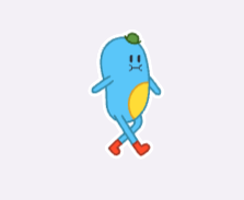 A blue character walking with a hat on and red boots