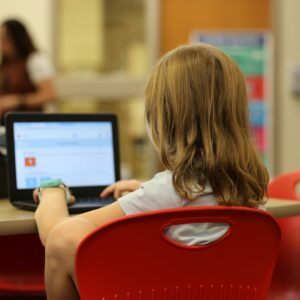 A student uses a Chromebook in the library.