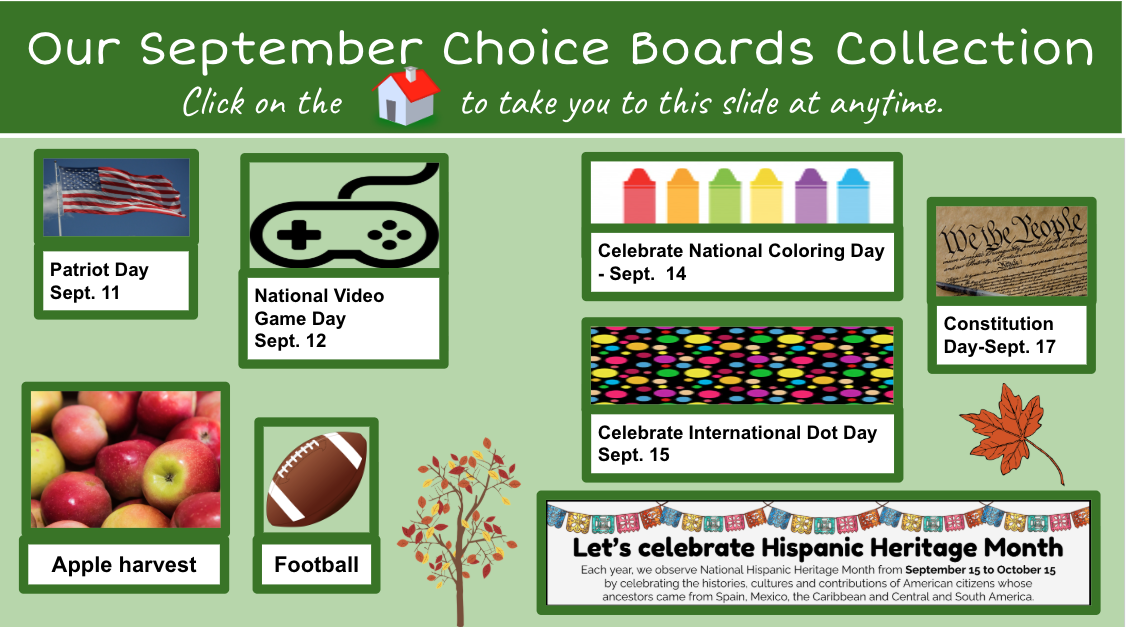 Screenshot of the September Choice board. Squares of topics.