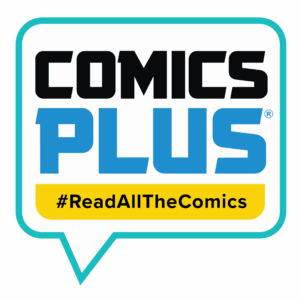 Comics Plus Logo. A dialogue box with the words "Comics Plus and #Read All The Comics" written in the box.