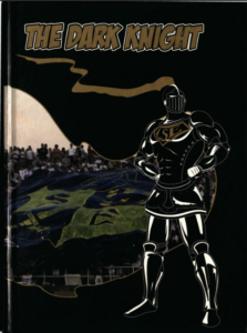 Yearbook cover showing a knight as a superhero