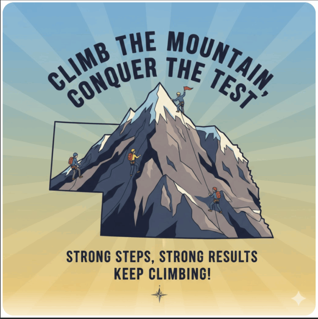 State of Nebraska made to look like a mountain with a few climbers. The print says "Climb the Mountain, conquer the test. Strong steps, strong results. Keep Climbing!