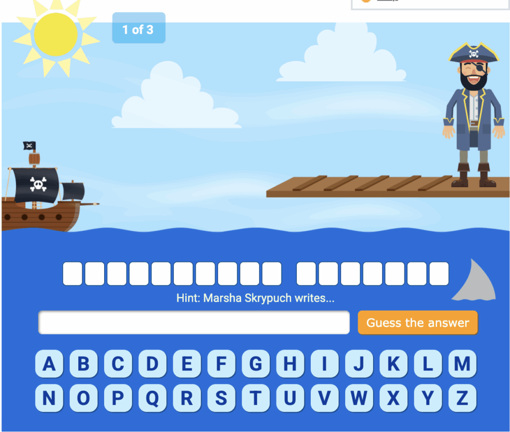 Hangman icon from Quia.com shows a pirate about the walk the plank over an ocean with shark fins. 