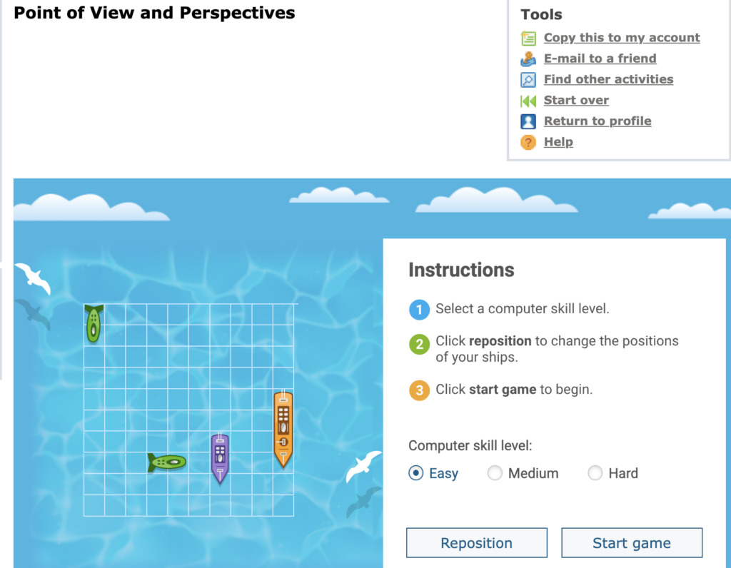 shows Battleship game in Quia with grid and ships placed