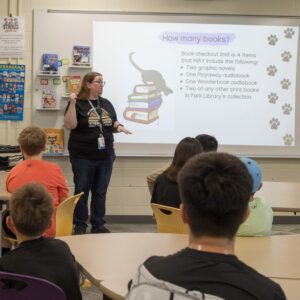 Mrs. Adelman shares class expectations with students.