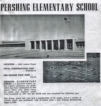 A photo of a page from a publication showing pictures of Pershing Elementary School