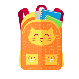 An orange backpack with a smiling kitten's face
