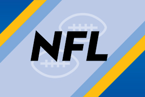 Bold black text reading "NFL" on a light blue background with diagonal yellow and royal blue stripes.