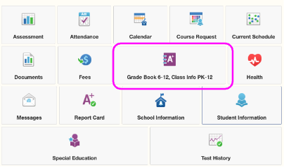 A screenshot from ParentVue showing the location of Classroom Information as the 8th item on the page