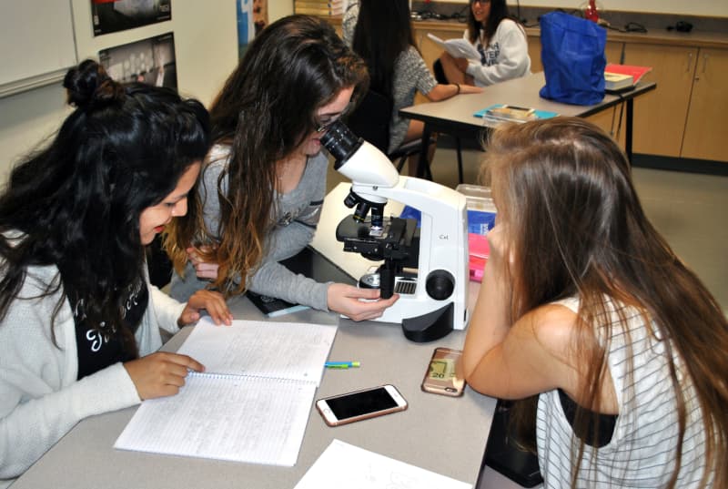 Photo of students looking into a microscope