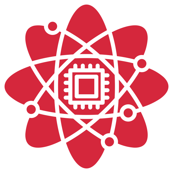 Icon representing Artificial Intelligence. Made up of an atomic element with a computer chip at the center.