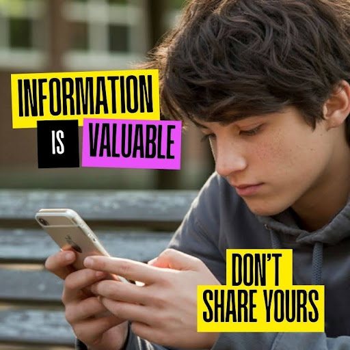 Child holding a smartphone with the text: Information is Valuable- Don't Share Yours