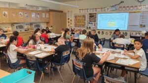 A full classroom of students creating All About Me pages on the first day of school