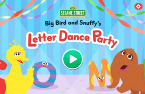 Screenshot of the Letter Dance Party page showing Sesame Street characters and letters