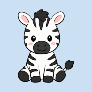 A young zebra sitting down with a blue background